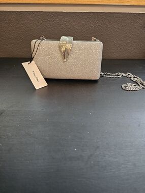 NWT Silver Glitter Evening Clutch with Chain Strap